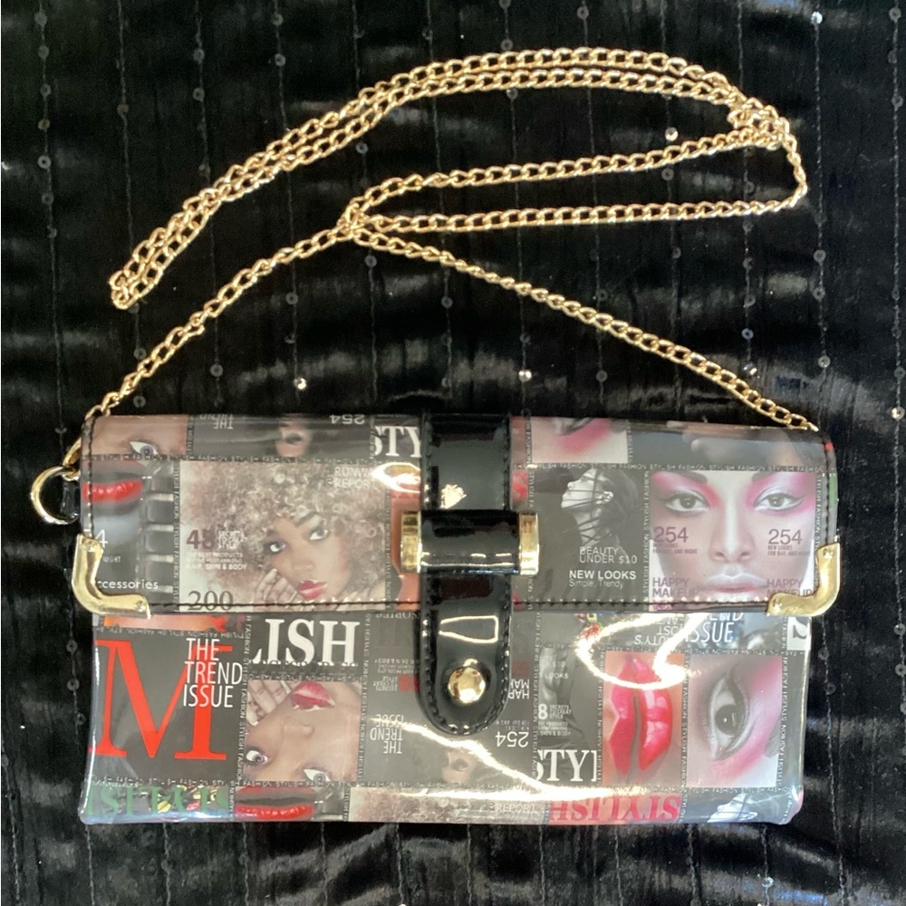 Vintage Trendy Magazine Print Bag with Gold Chain